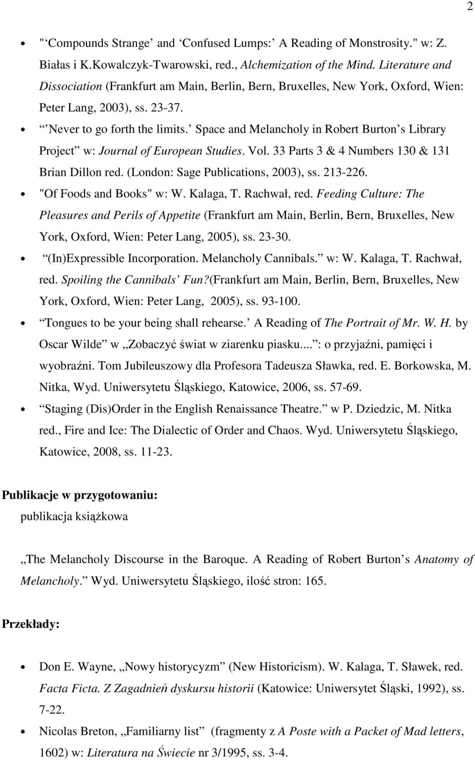 Space and Melancholy in Robert Burton s Library Project w: Journal of European Studies. Vol. 33 Parts 3 & 4 Numbers 130 & 131 Brian Dillon red. (London: Sage Publications, 2003), ss. 213-226.