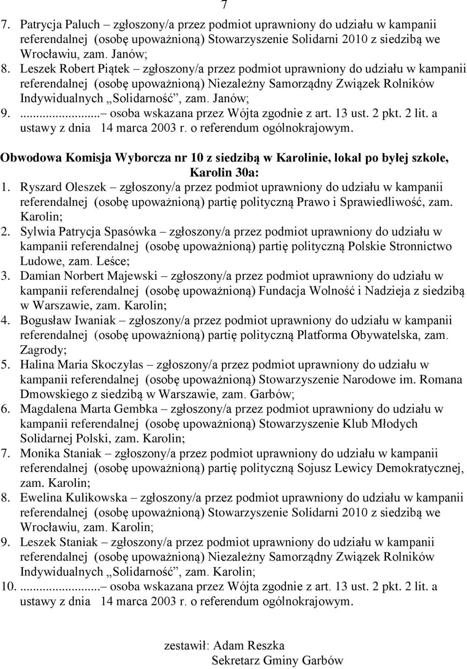 a Obwodowa Komisja Wyborcza nr 10 z siedzibą w Karolinie, lokal po byłej szkole, Karolin 30a: 1. Ryszard Oleszek zgłoszony/a przez podmiot uprawniony do udziału w kampanii Karolin; 2.