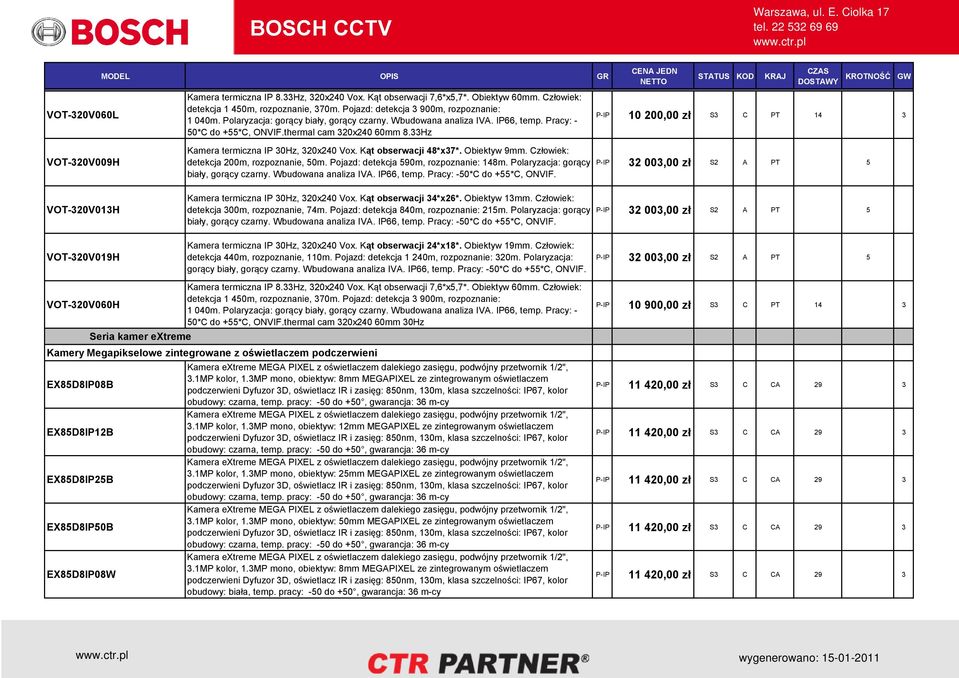 33Hz P-IP 10 200,00 zł S3 C PT 14 3 VOT-320V009H VOT-320V013H Kamera termiczna IP 30Hz, 320x240 Vox. Kąt obserwacji 48*x37*. Obiektyw 9mm. Człowiek: detekcja 200m, rozpoznanie, 50m.