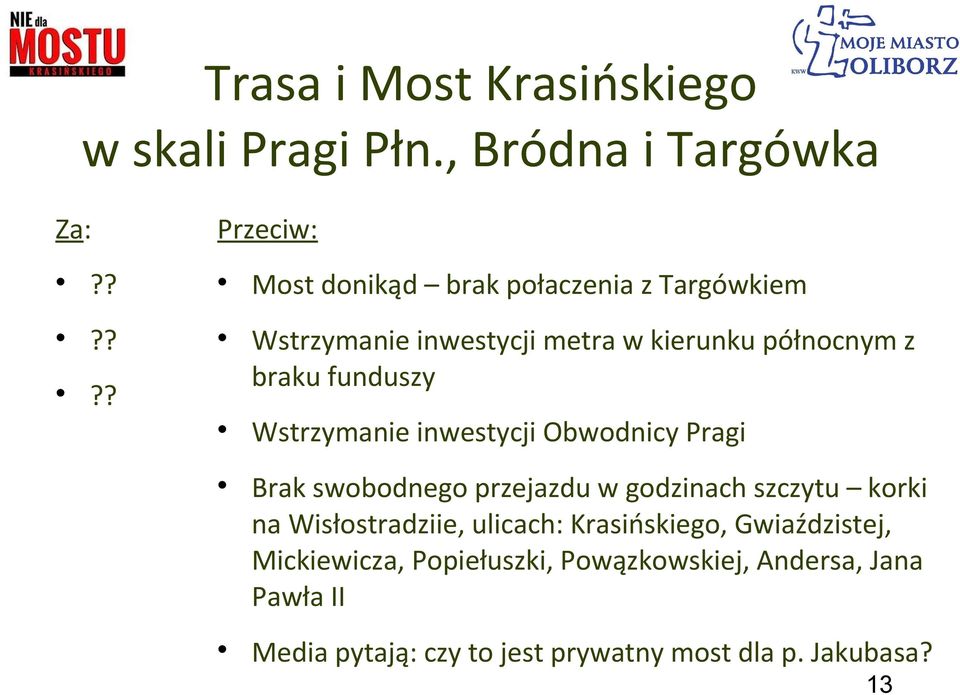 kierunku północnym z braku funduszy Wstrzymanie inwestycji Obwodnicy Pragi Brak swobodnego przejazdu w godzinach