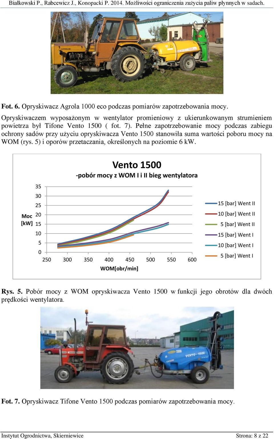 Vento 15 -pobór mocy z WOM I i II bieg wentylatora 35 3 25 2 15 1 5 25 3 35 4 45 5 55 6 WOM[obr/min] 15 [bar] Went II 1 [bar] Went II 5 [bar] Went II 15 [bar] Went I 1 [bar] Went I 5 [bar] Went I Rys.