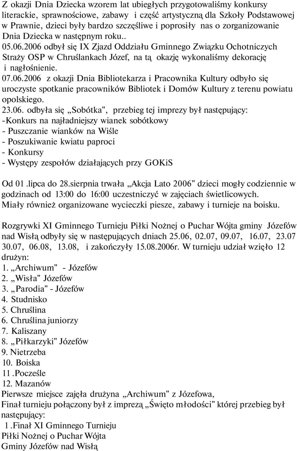 2006 odbył się IX Zjazd Oddziału Gminnego Związku Ochotniczych Straży OSP w Chruślankach Józef, na tą okazję wykonaliśmy dekorację i nagłośnienie. 07.06.2006 z okazji Dnia Bibliotekarza i Pracownika Kultury odbyło się uroczyste spotkanie pracowników Bibliotek i Domów Kultury z terenu powiatu opolskiego.