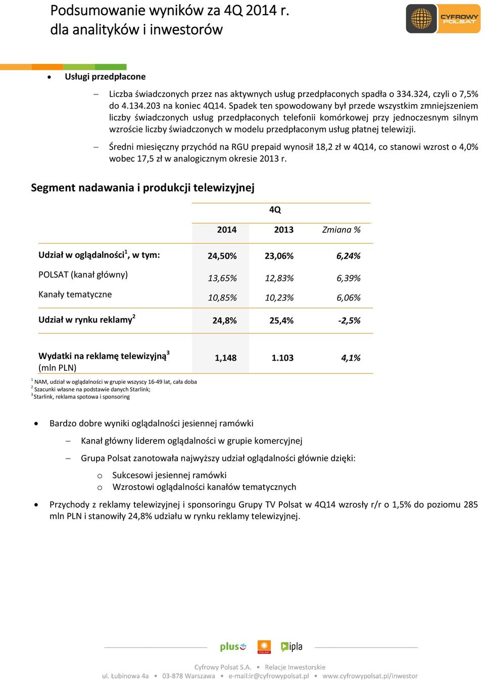 usług płatnej telewizji. Średni miesięczny przychód na RGU prepaid wynosił 18,2 zł w 4Q14, co stanowi wzrost o 4,0% wobec 17,5 zł w analogicznym okresie 2013 r.