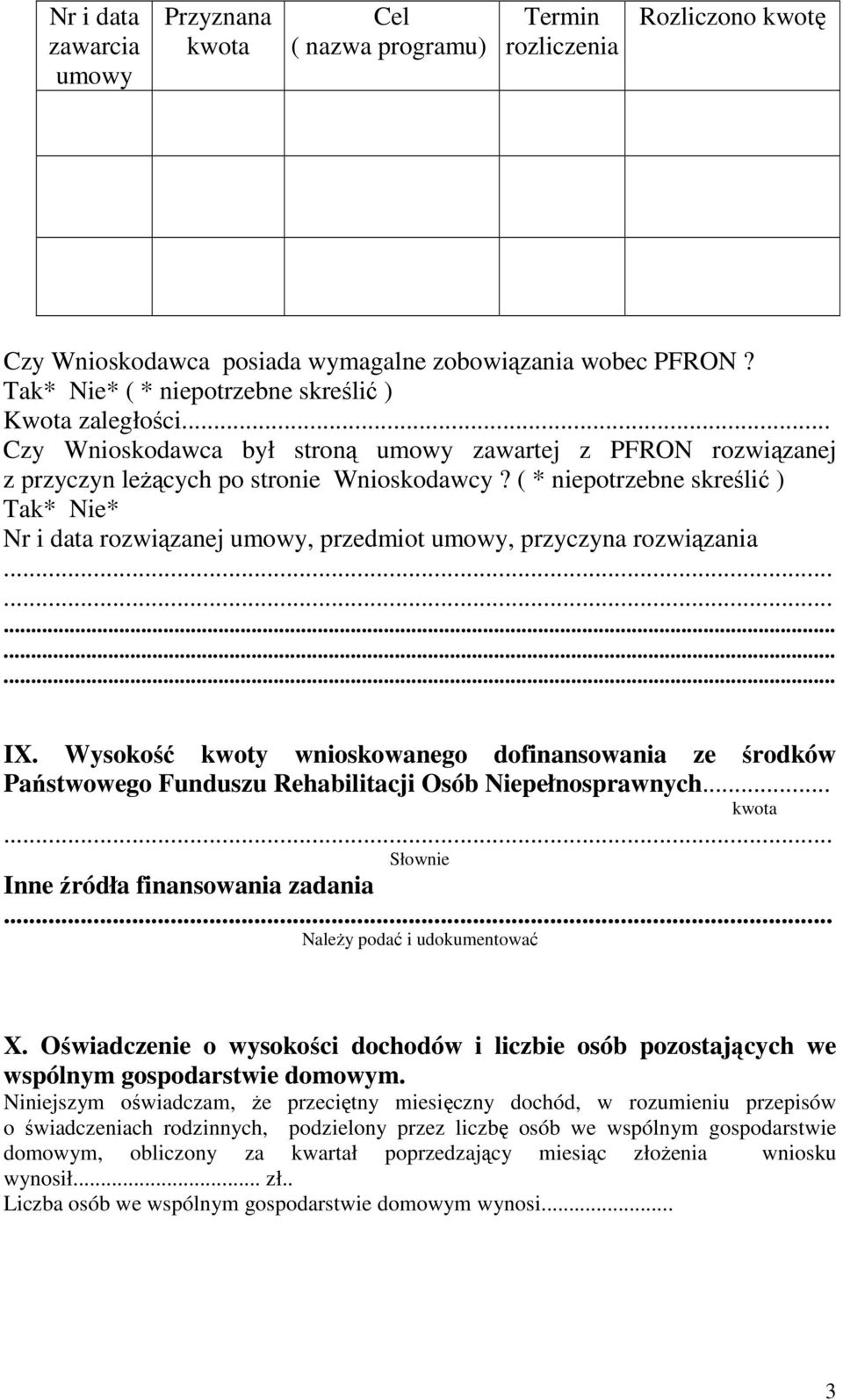 ( * niepotrzebne skreślić ) Tak* Nie* Nr i data rozwiązanej umowy, przedmiot umowy, przyczyna rozwiązania......... IX.