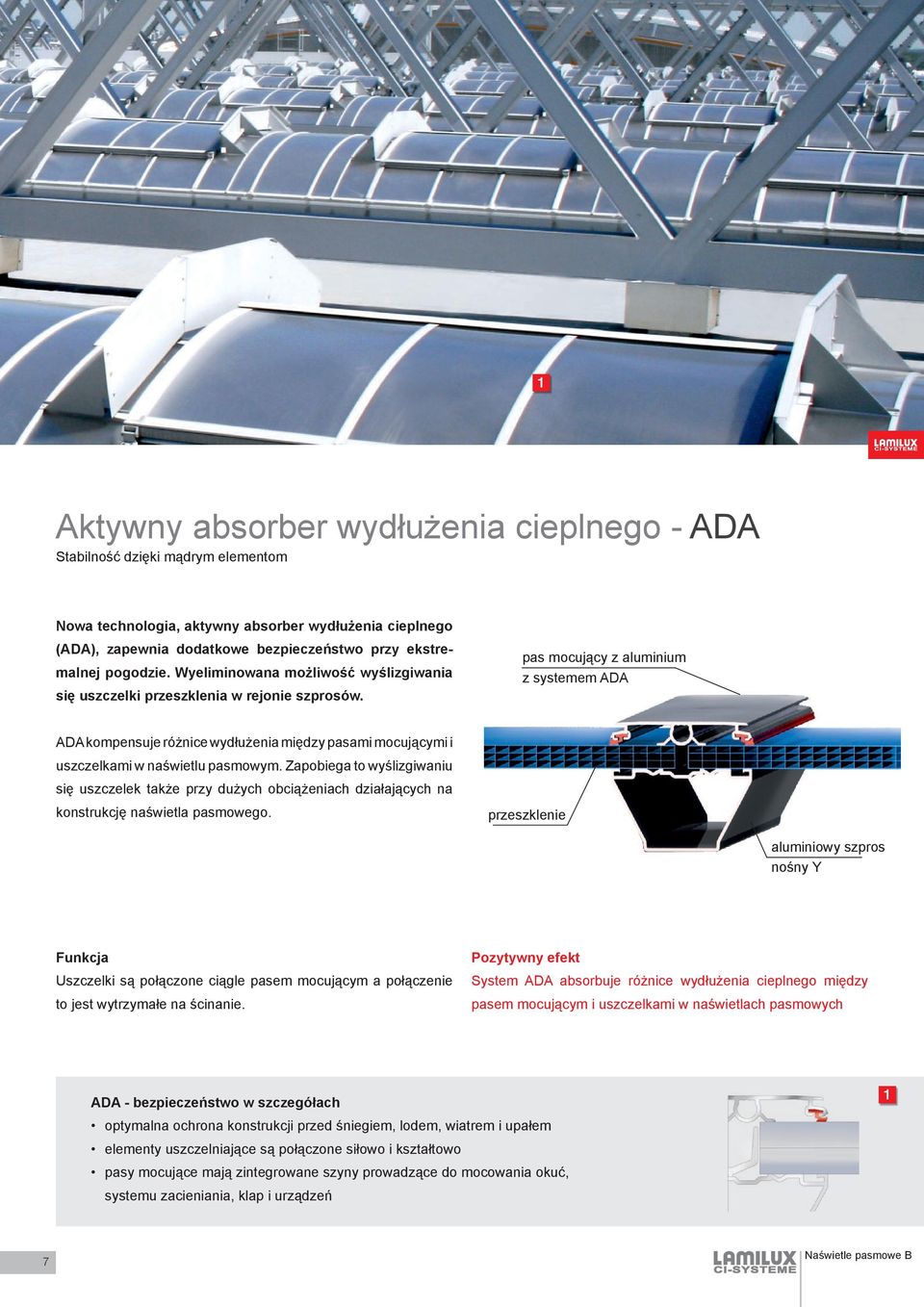 pas mocujący z aluminium z systemem ADA ADA kompensuje różnice wydłużenia między pasami mocującymi i uszczelkami w naświetlu pasmowym.