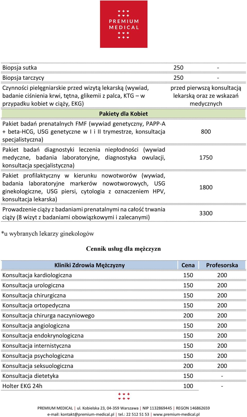 medyczne, badania laboratoryjne, diagnostyka owulacji, konsultacja specjalistyczna) Pakiet profilaktyczny w kierunku nowotworów (wywiad, badania laboratoryjne markerów nowotworowych, USG