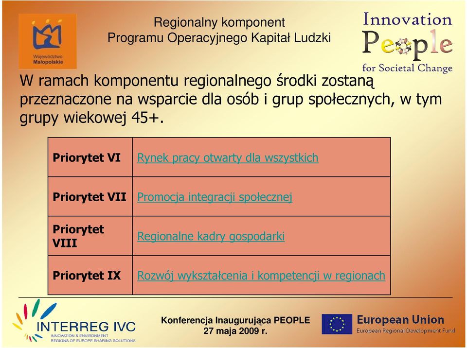 Priorytet VI Rynek pracy otwarty dla wszystkich Priorytet VII Promocja integracji społecznej