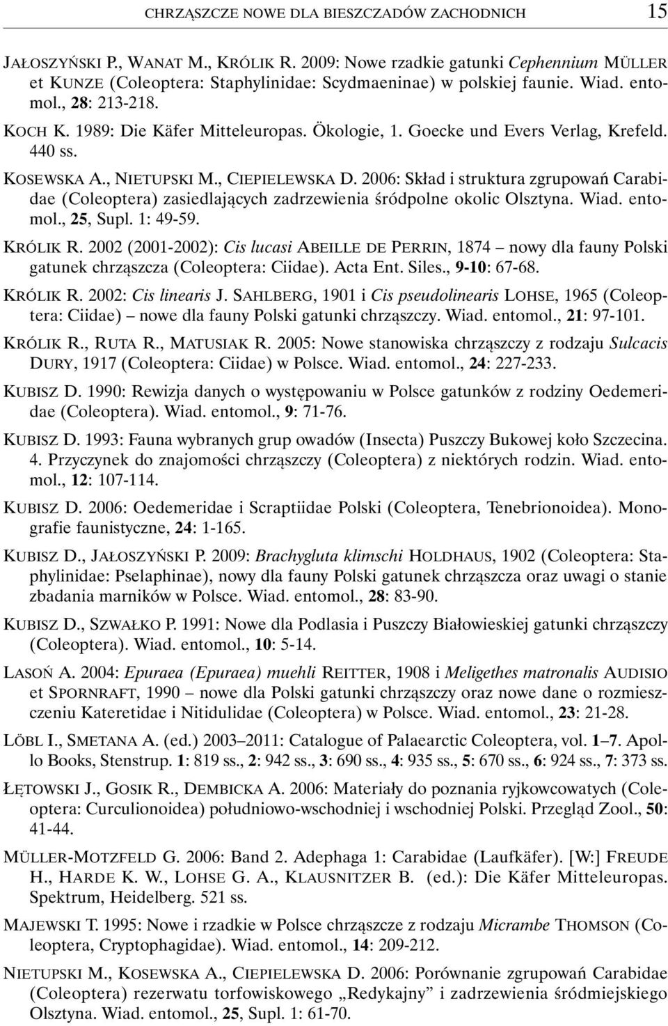 2006: Skład i struktura zgrupowań Carabidae (Coleoptera) zasiedlających zadrzewienia śródpolne okolic Olsztyna. Wiad. entomol., 25, Supl. 1: 49-59. KRÓLIK R.