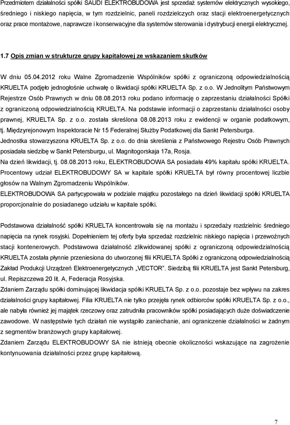 7 Opis zmian w strukturze grupy kapitałowej ze wskazaniem skutków W dniu 05.04.