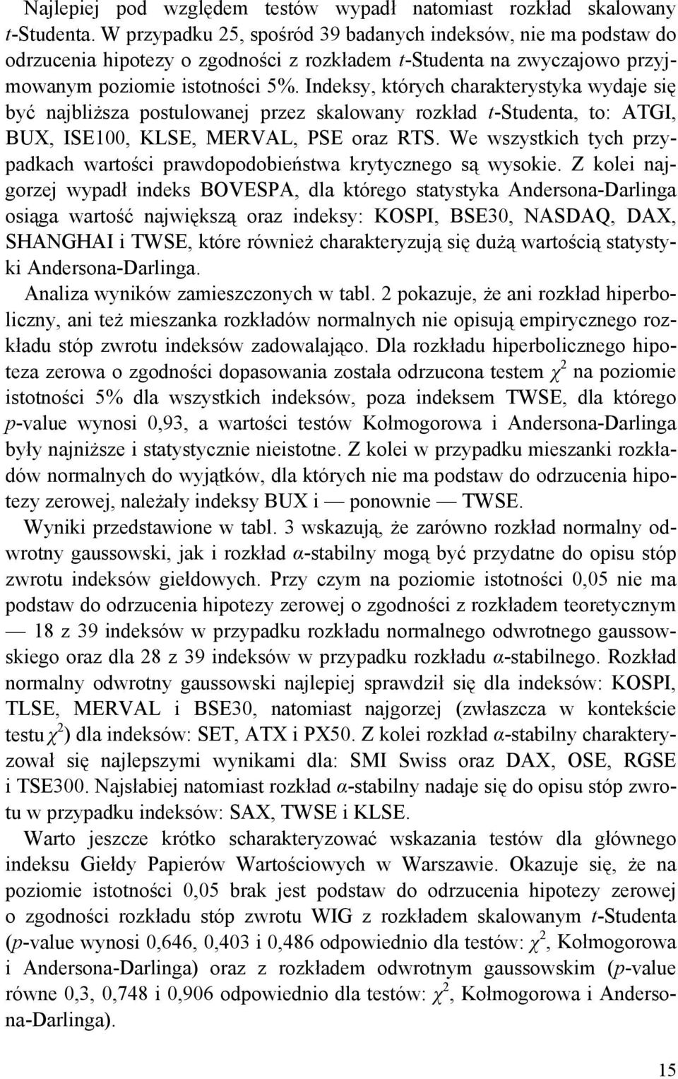 Indeksy, których charakterystyka wydaje się być najbliższa postulowanej przez skalowany rozkład t-studenta, to: ATGI, BUX, ISE100, KLSE, MERVAL, PSE oraz RTS.