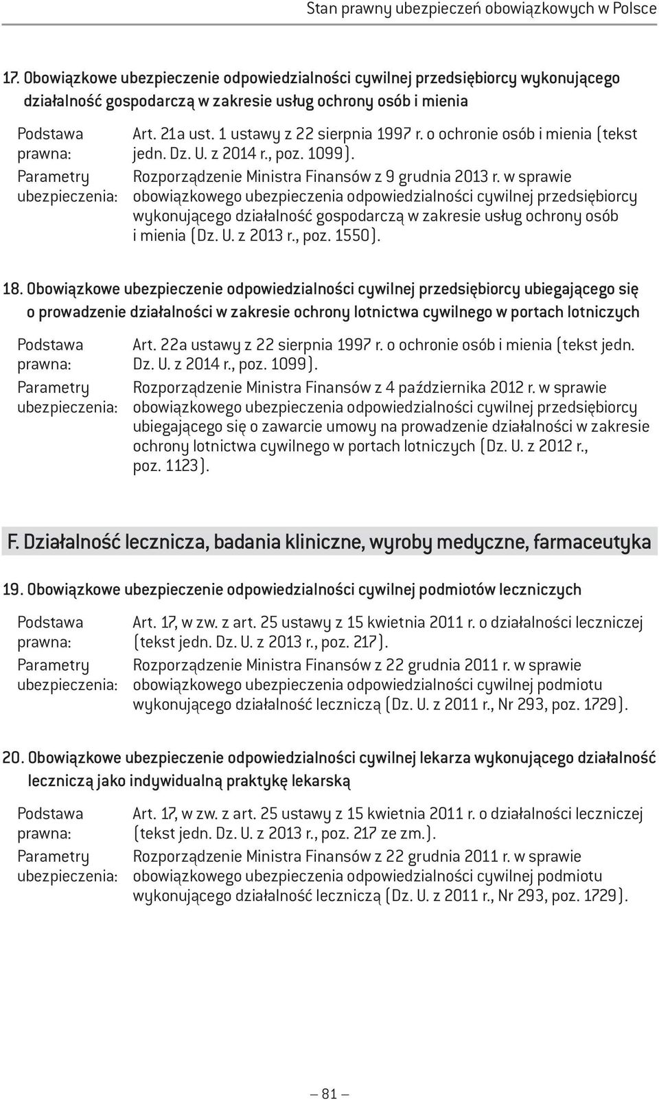 w sprawie obowiązkowego ubezpieczenia odpowiedzialności cywilnej przedsiębiorcy wykonującego działalność gospodarczą w zakresie usług ochrony osób i mienia (Dz. U. z 2013 r., poz. 1550). 18.