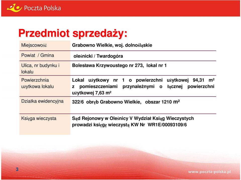 Krzywoustego nr 273, lokal nr 1 Lokal użytkowy nr 1 o powierzchni użytkowej 94,31 m² z pomieszczeniami przynależnymi o łącznej