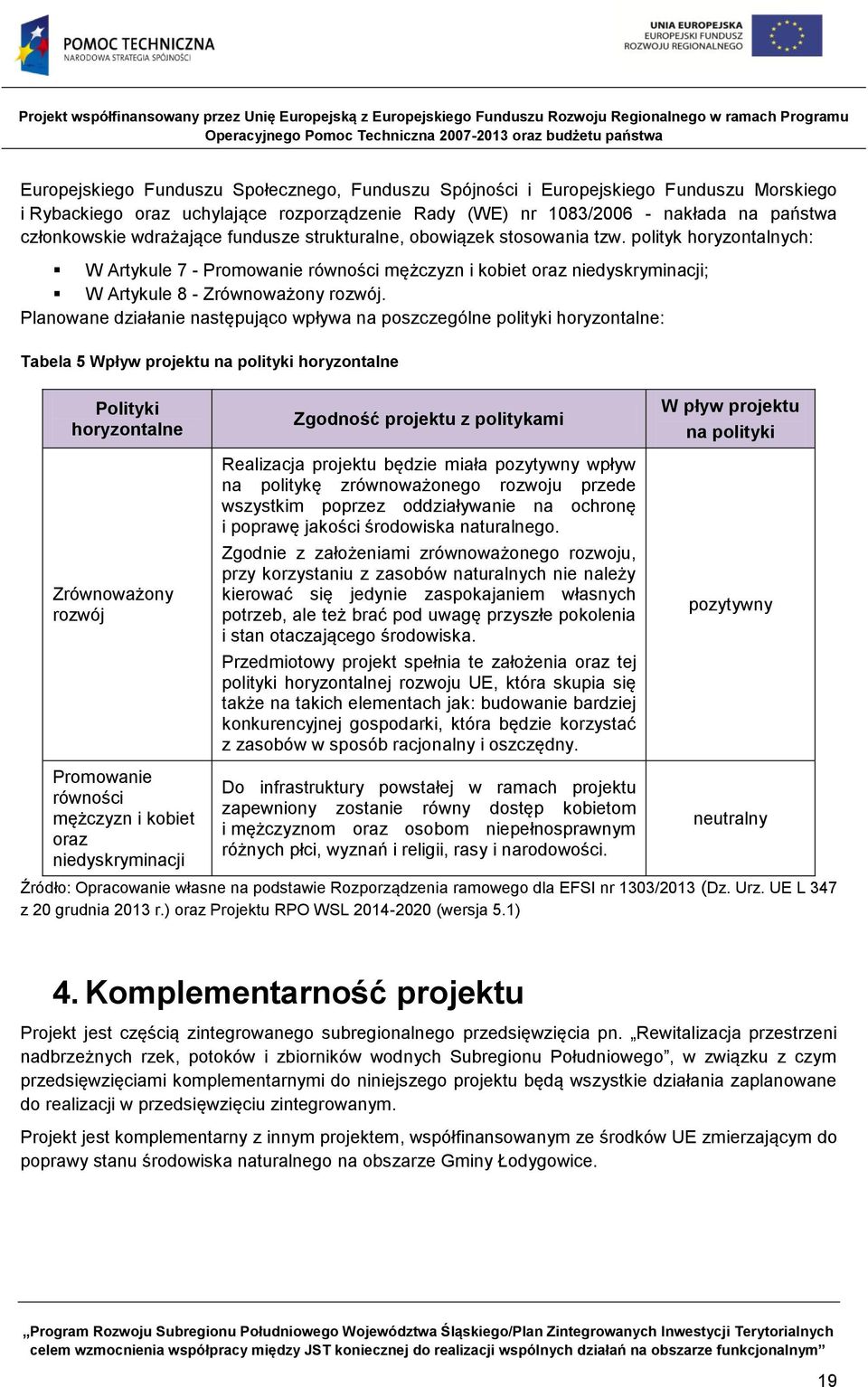 Planowane działanie następująco wpływa na poszczególne polityki horyzontalne: Tabela 5 Wpływ projektu na polityki horyzontalne Polityki horyzontalne Zrównoważony rozwój Promowanie równości mężczyzn i