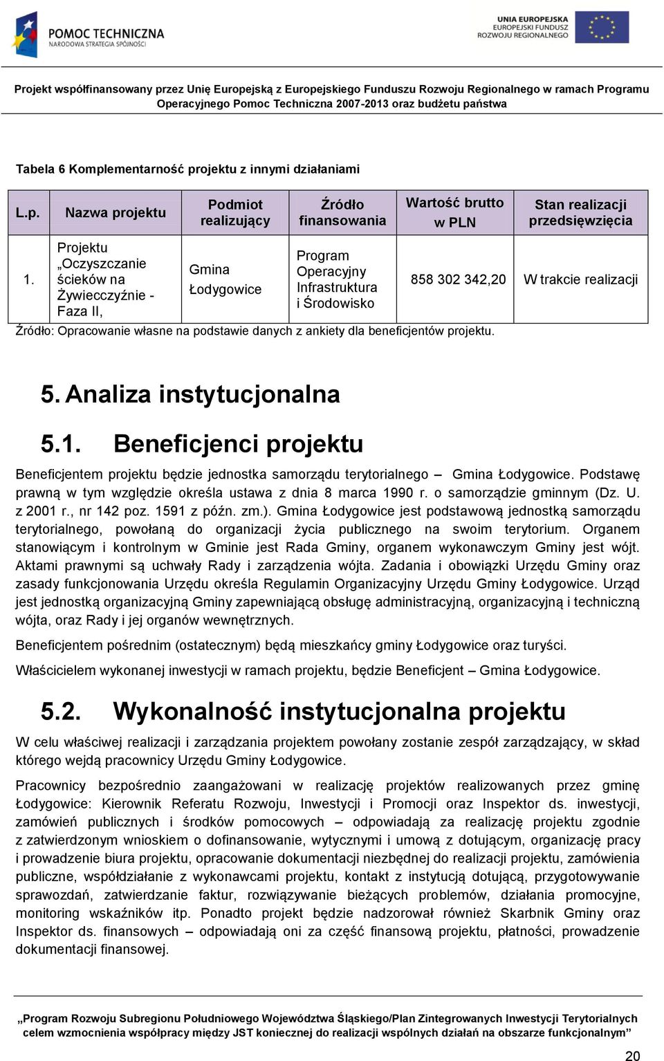 Źródło: Opracowanie własne na podstawie danych z ankiety dla beneficjentów projektu. Stan realizacji przedsięwzięcia 858 302 342,20 W trakcie realizacji 5. Analiza instytucjonalna 5.1.