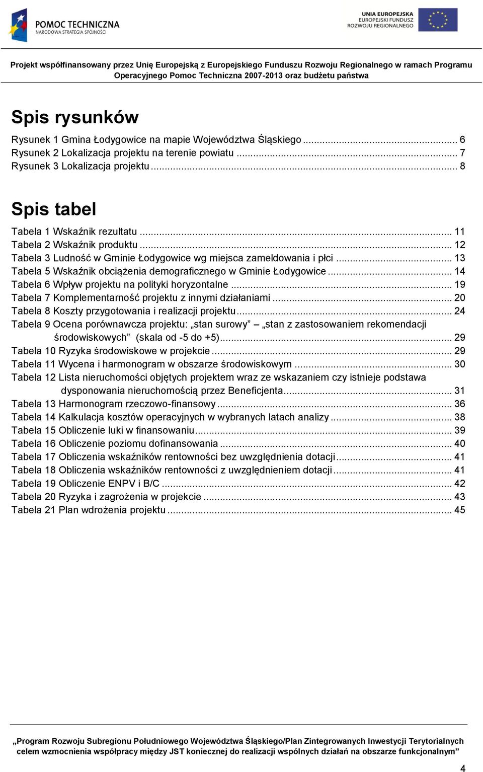 .. 13 Tabela 5 Wskaźnik obciążenia demograficznego w Gminie Łodygowice... 14 Tabela 6 Wpływ projektu na polityki horyzontalne... 19 Tabela 7 Komplementarność projektu z innymi działaniami.
