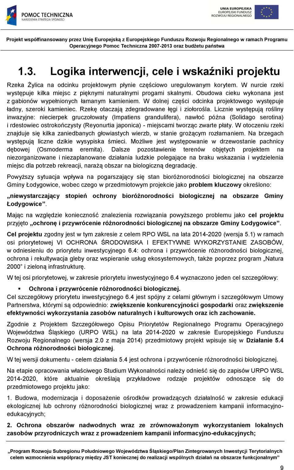 W dolnej części odcinka projektowego występuje ładny, szeroki kamieniec. Rzekę otaczają zdegradowane łęgi i ziołorośla.