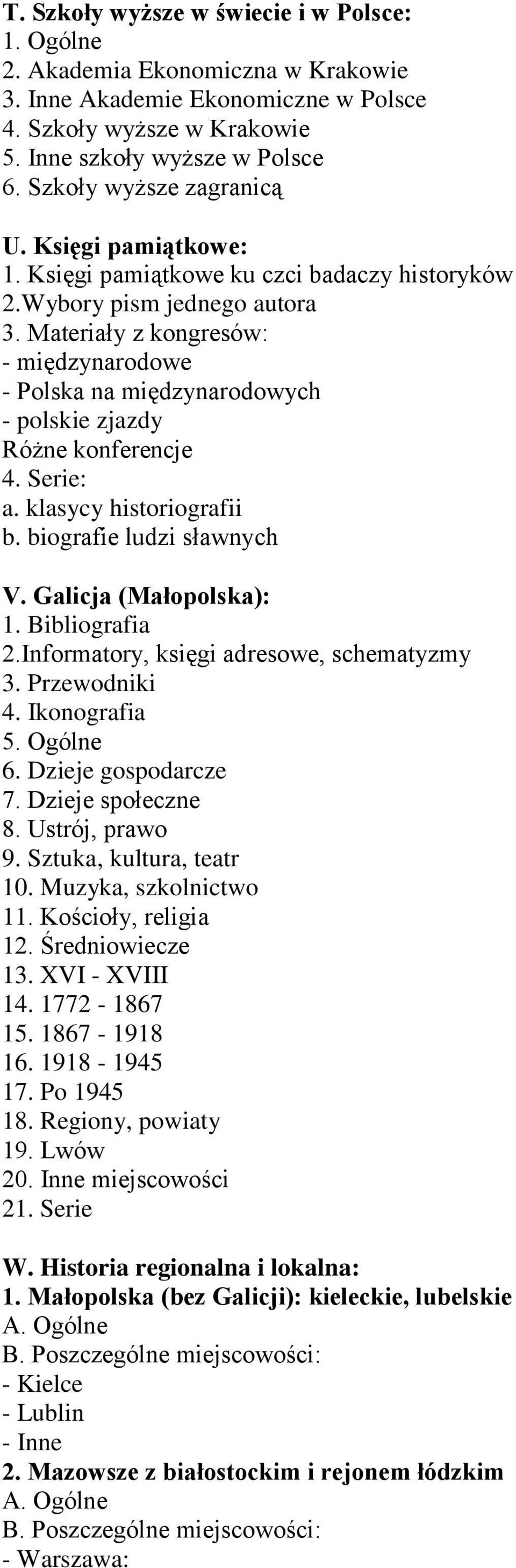 Materiały z kongresów: - międzynarodowe - Polska na międzynarodowych - polskie zjazdy Różne konferencje 4. Serie: a. klasycy historiografii b. biografie ludzi sławnych V. Galicja (Małopolska): 1.