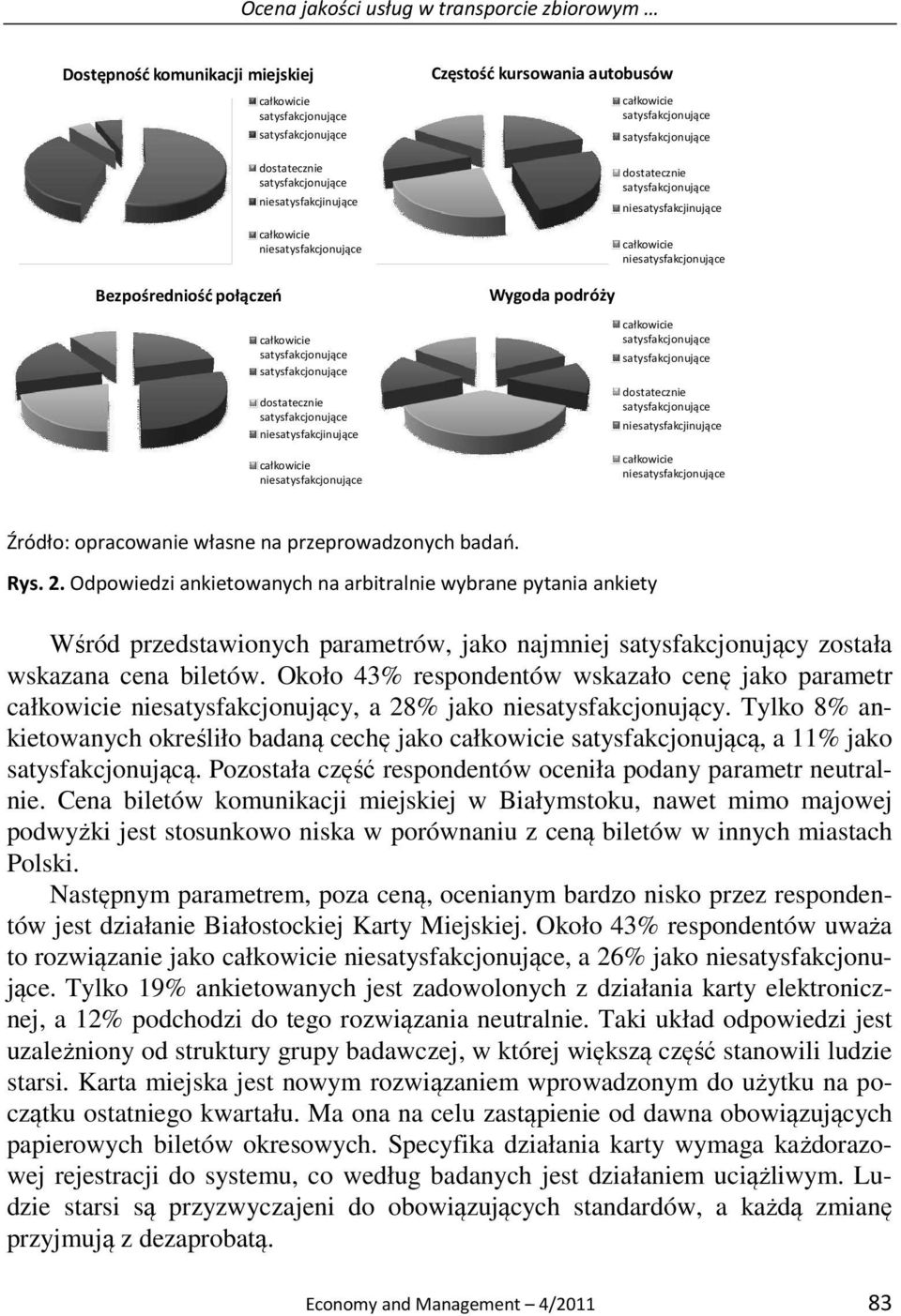 Odpowiedzi ankietowanych na arbitralnie wybrane pytania ankiety Wśród przedstawionych parametrów, jako najmniej satysfakcjonujący została wskazana cena biletów.
