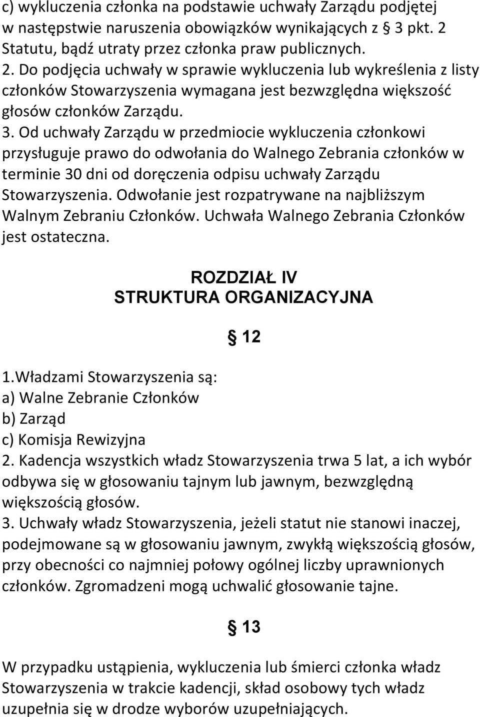 Do podjęcia uchwały w sprawie wykluczenia lub wykreślenia z listy członków Stowarzyszenia wymagana jest bezwzględna większość głosów członków Zarządu. 3.
