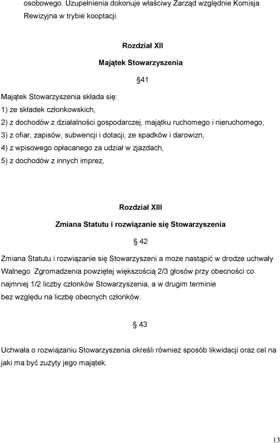 zapisów, subwencji i dotacji, ze spadków i darowizn, 4) z wpisowego opłacanego za udział w zjazdach, 5) z dochodów z innych imprez, Rozdział XIII Zmiana Statutu i rozwiązanie się Stowarzyszenia 42