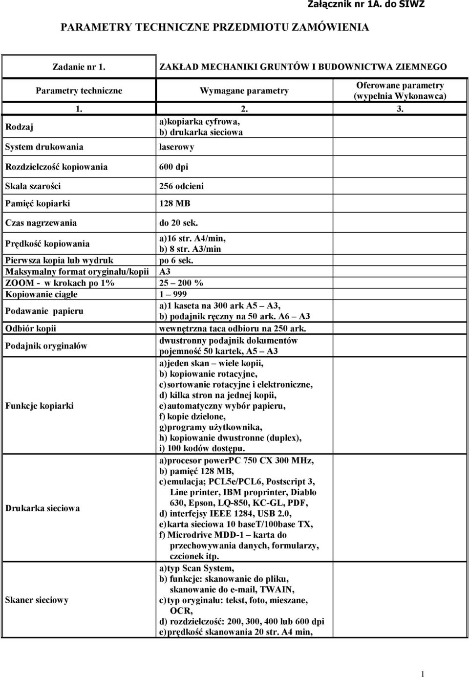 Pamięć kopiarki 256 odcieni 128 MB do 20 sek. a) 16 str. A4/min, b) 8 str. A3/min Pierwsza kopia lub wydruk po 6 sek.