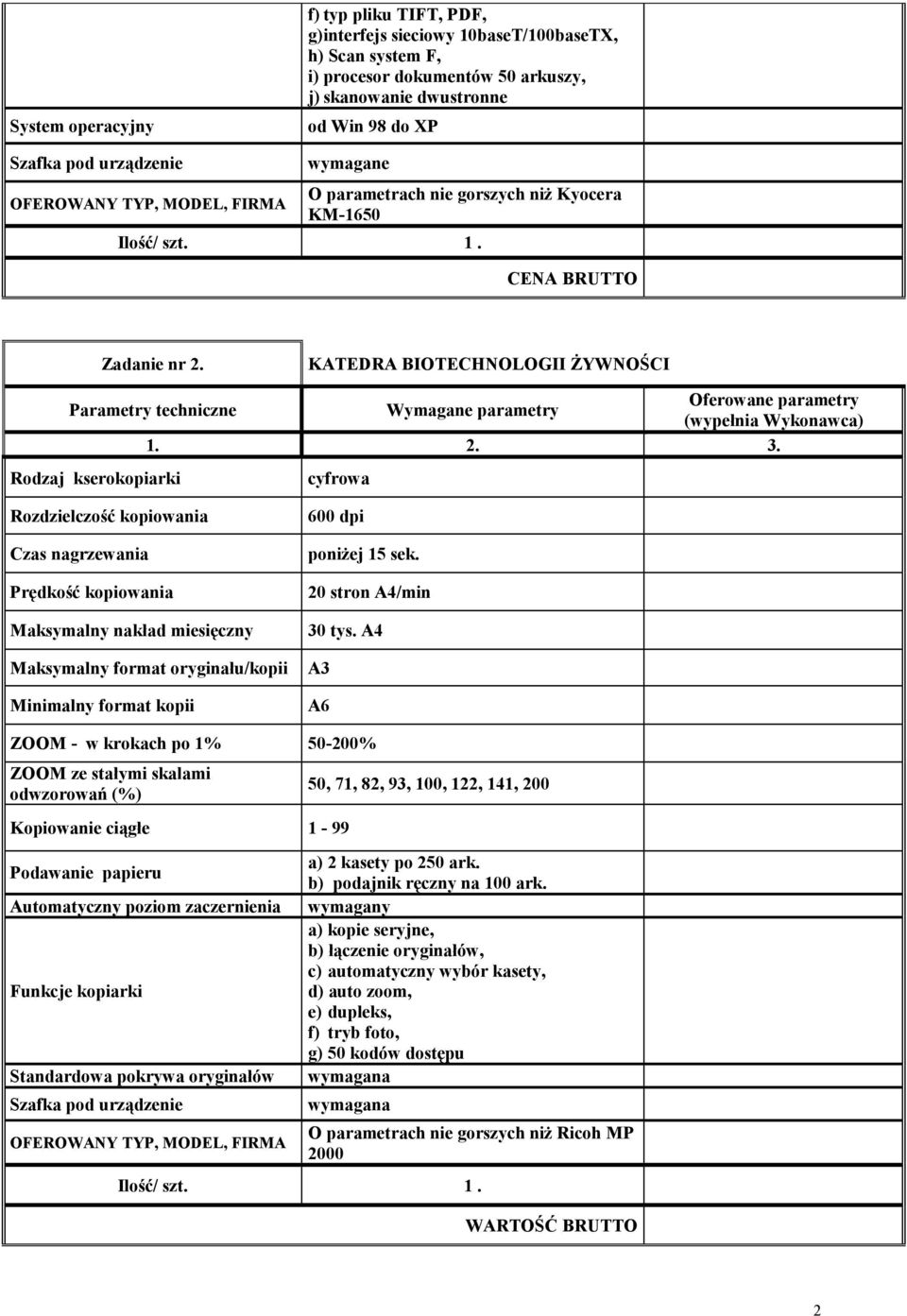 KATEDRA BIOTECHNOLOGII śywności Parametry techniczne Wymagane parametry Oferowane parametry Rodzaj kserokopiarki cyfrowa Maksymalny nakład miesięczny Maksymalny format oryginału/kopii Minimalny