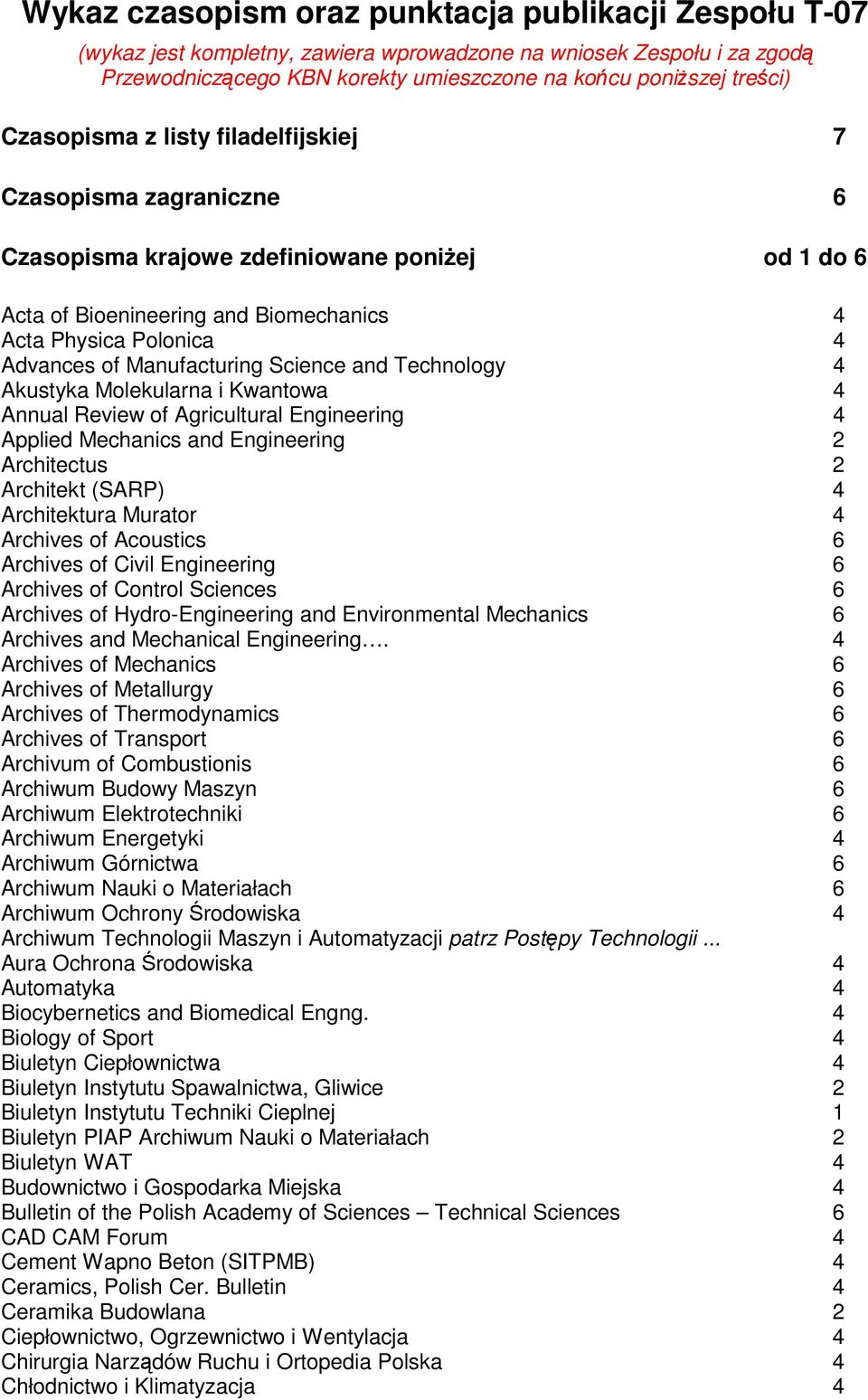 Manufacturing Science and Technology 4 Akustyka Molekularna i Kwantowa 4 Annual Review of Agricultural Engineering 4 Applied Mechanics and Engineering 2 Architectus 2 Architekt (SARP) 4 Architektura