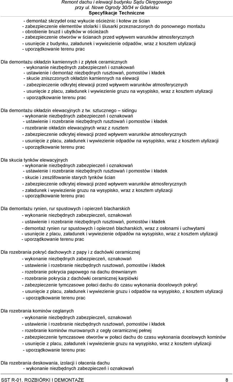 zabezpieczenie odkrytej elewacji przed wpływem warunków atmosferycznych - usunięcie z placu, załadunek i wywiezienie gruzu na wysypisko, wraz z kosztem utylizacji Dla demontażu okładzin elewacyjnych