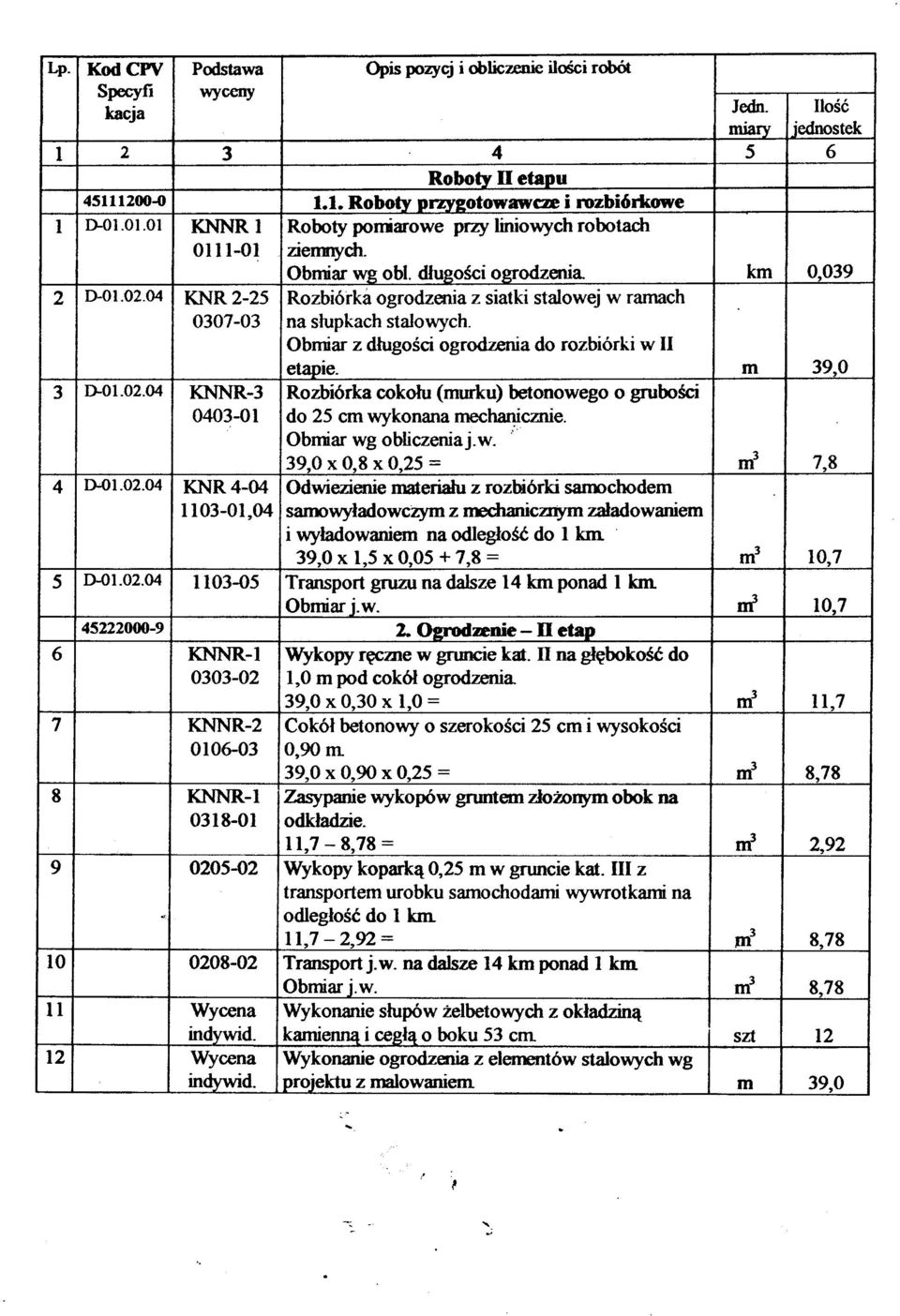 0307-03 na s³upkach stalowych. Obmiar z d³ugoœci ogrodzenia do rozbiórki w II etapie. m 39,0 3 0-01.02.