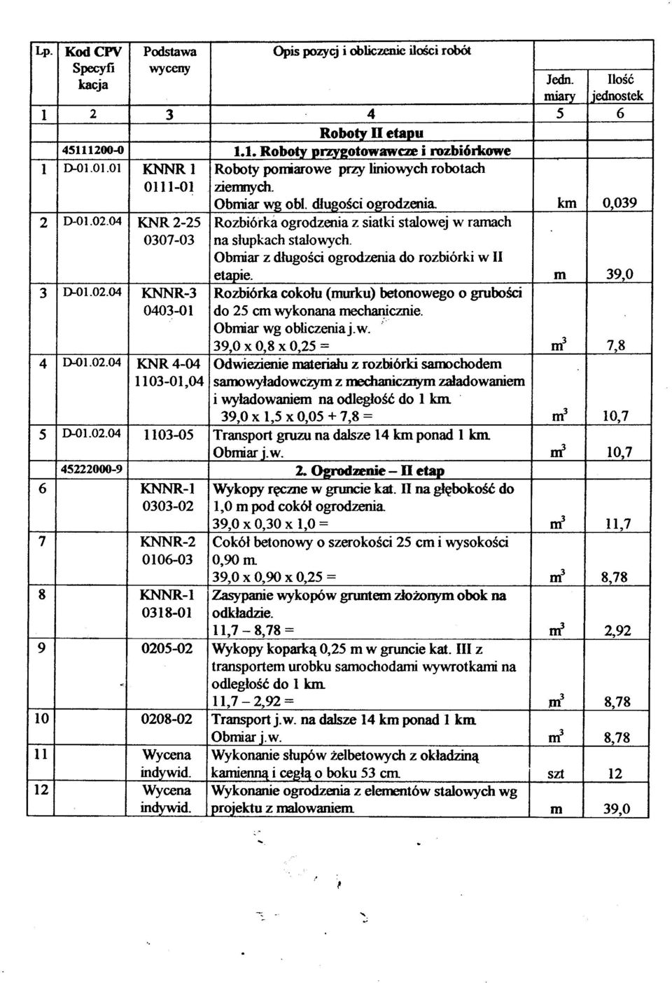 0307-03 na s³upkach stalowych. Obmiar z d³ugoœci ogrodzenia do rozbiórki w II etapie. m 39,0 3 0-01.02.