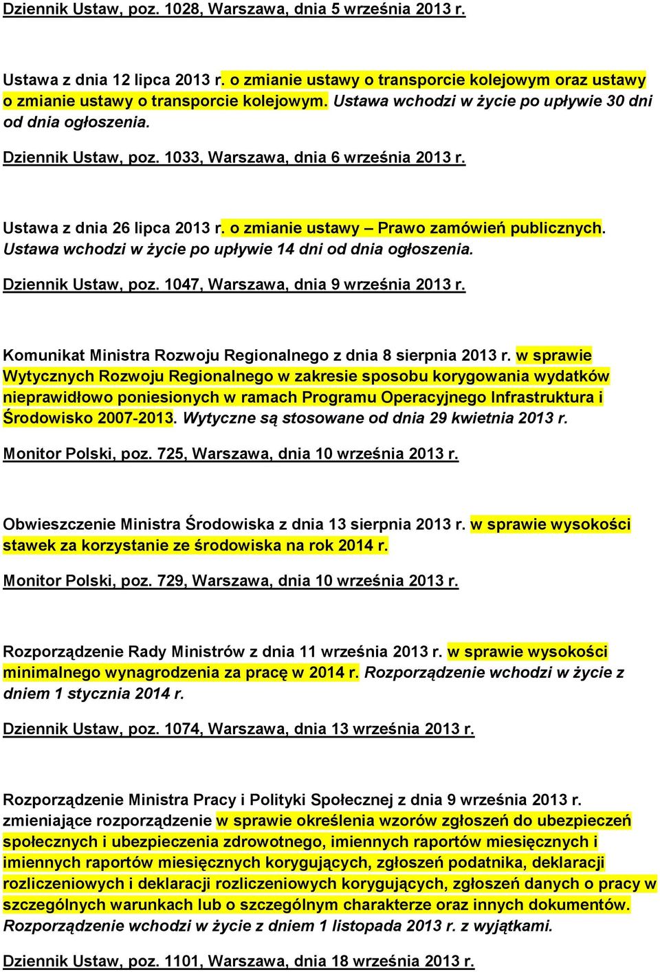 Ustawa wchodzi w życie po upływie 14 dni od dnia ogłoszenia. Dziennik Ustaw, poz. 1047, Warszawa, dnia 9 września 2013 r. Komunikat Ministra Rozwoju Regionalnego z dnia 8 sierpnia 2013 r.