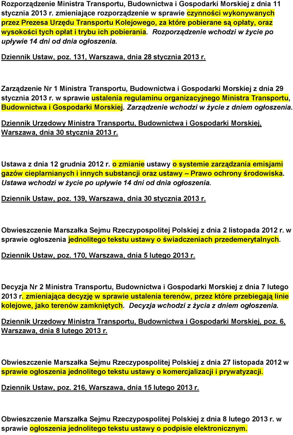 Rozporządzenie wchodzi w życie po upływie 14 dni od dnia ogłoszenia. Dziennik Ustaw, poz. 131, Warszawa, dnia 28 stycznia 2013 r.