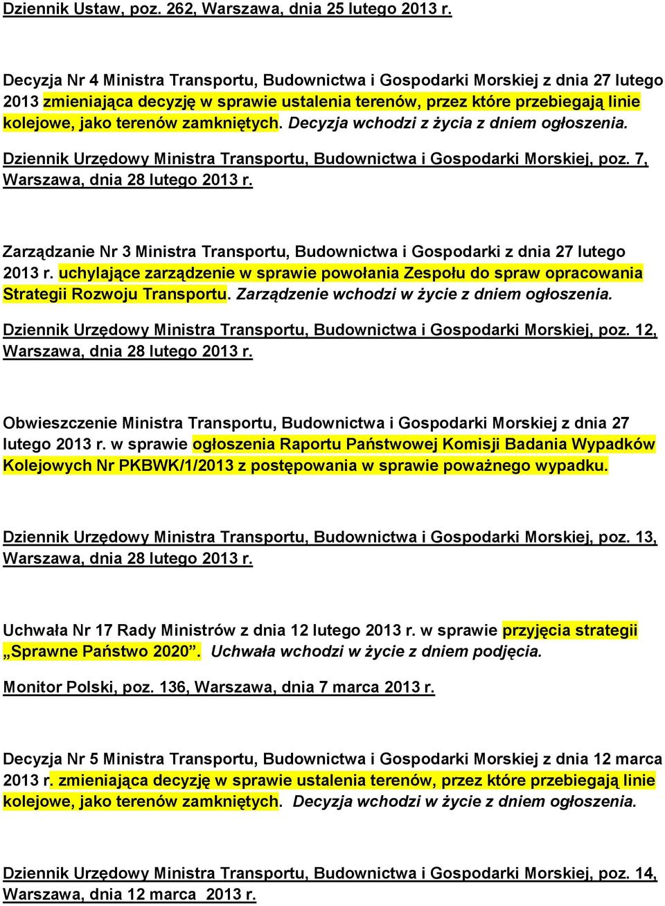 zamkniętych. Decyzja wchodzi z życia z Dziennik Urzędowy Ministra Transportu, Budownictwa i Gospodarki Morskiej, poz. 7, Warszawa, dnia 28 lutego 2013 r.