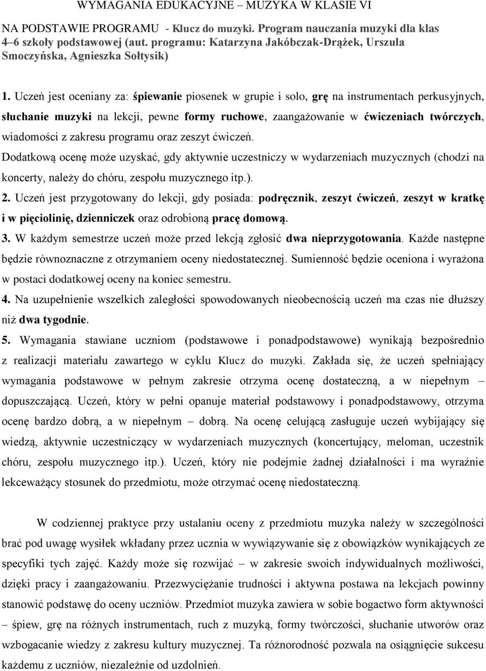 Uczeń jest oceniany za: śpiewanie piosenek w grupie i solo, grę na instrumentach perkusyjnych, słuchanie muzyki na lekcji, pewne formy ruchowe, zaangażowanie w ćwiczeniach twórczych, wiadomości z