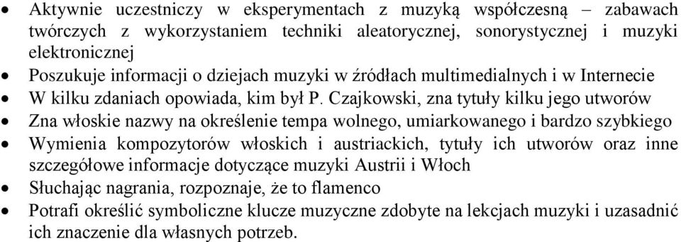 Czajkowski, zna tytuły kilku jego utworów Zna włoskie nazwy na określenie tempa wolnego, umiarkowanego i bardzo szybkiego Wymienia kompozytorów włoskich i austriackich,