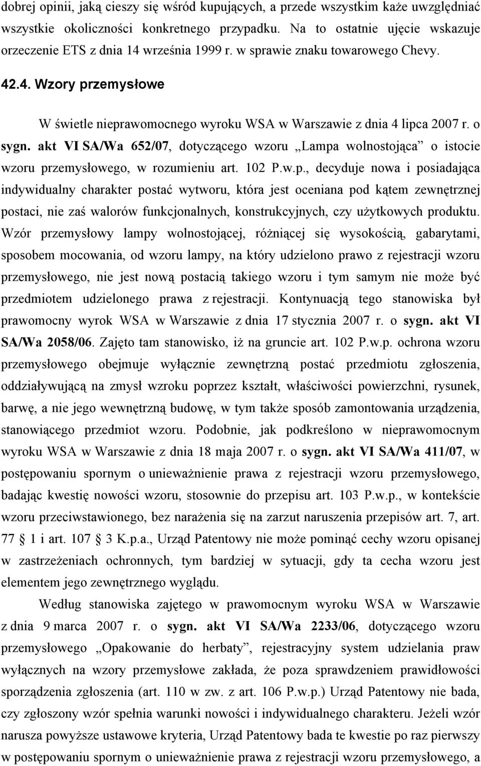 o sygn. akt VI SA/Wa 652/07, dotyczącego wzoru Lampa