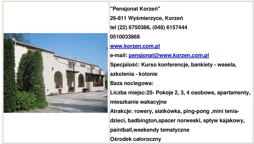pl Specjalość: Kurso konferencje, bankiety - wesela, szkolenia - kolonie Baza noclegowa: Liczba miejsc:25-