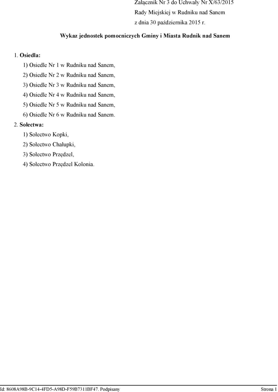 Osiedla: 1) Osiedle Nr 1 w Rudniku nad Sanem, 2) Osiedle Nr 2 w Rudniku nad Sanem, 3) Osiedle Nr 3 w Rudniku nad Sanem, 4) Osiedle Nr 4 w