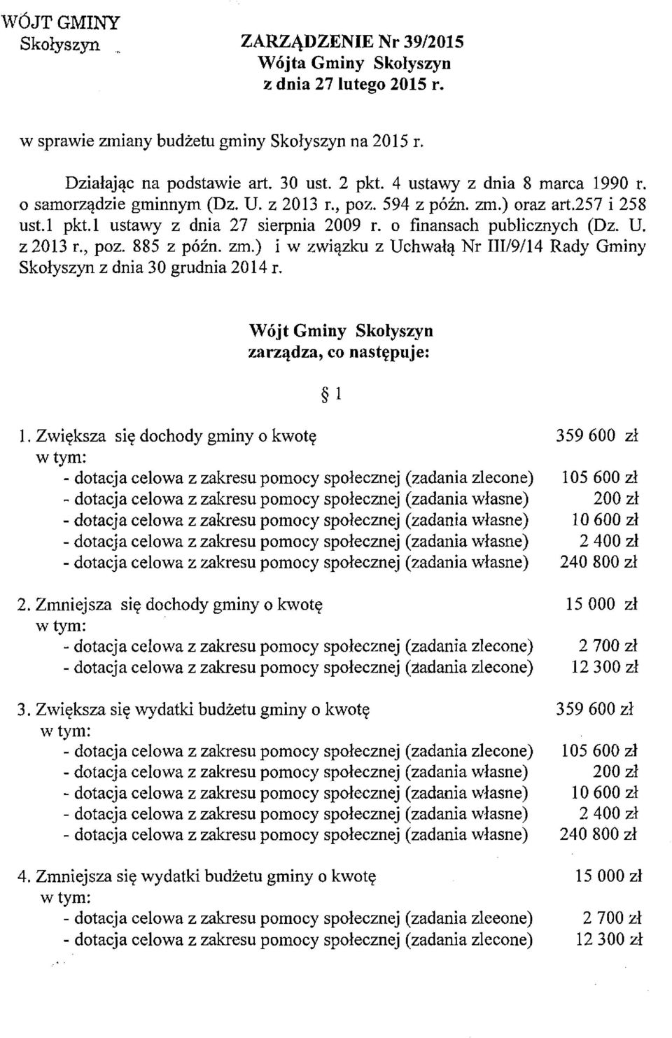 zm.) i w związku z Uchwałą Nr III/9/14 Rady Gminy Skołyszyn z dnia 30 grudnia 2014 r. Wójt Gminy Skołyszyn zarządza, co następuje: 1 1.