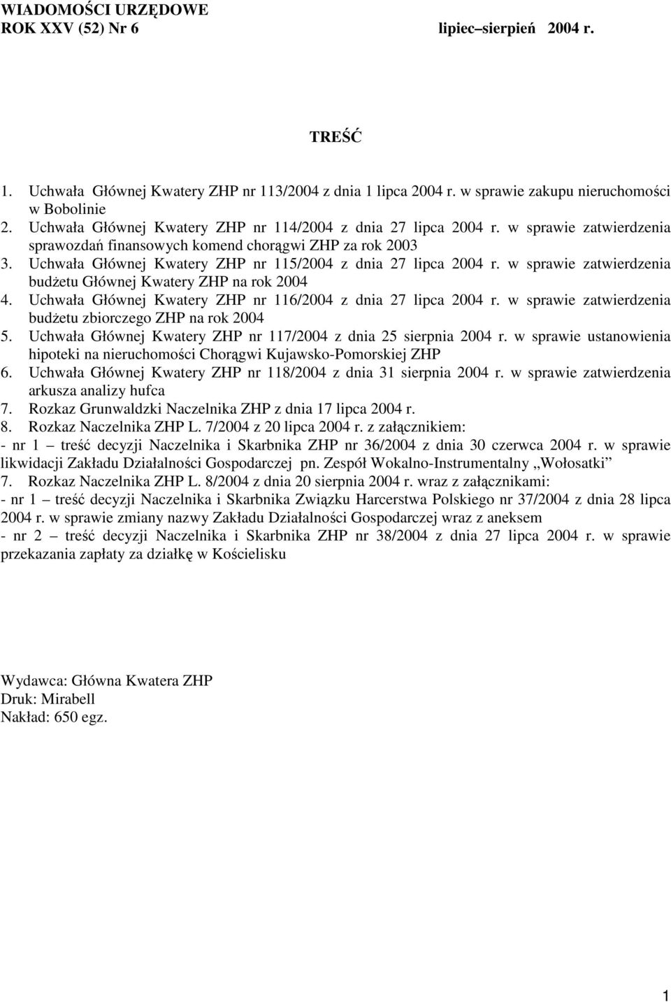 Uchwała Głównej Kwatery ZHP nr 115/2004 z dnia 27 lipca 2004 r. w sprawie zatwierdzenia budŝetu Głównej Kwatery ZHP na rok 2004 4. Uchwała Głównej Kwatery ZHP nr 116/2004 z dnia 27 lipca 2004 r.