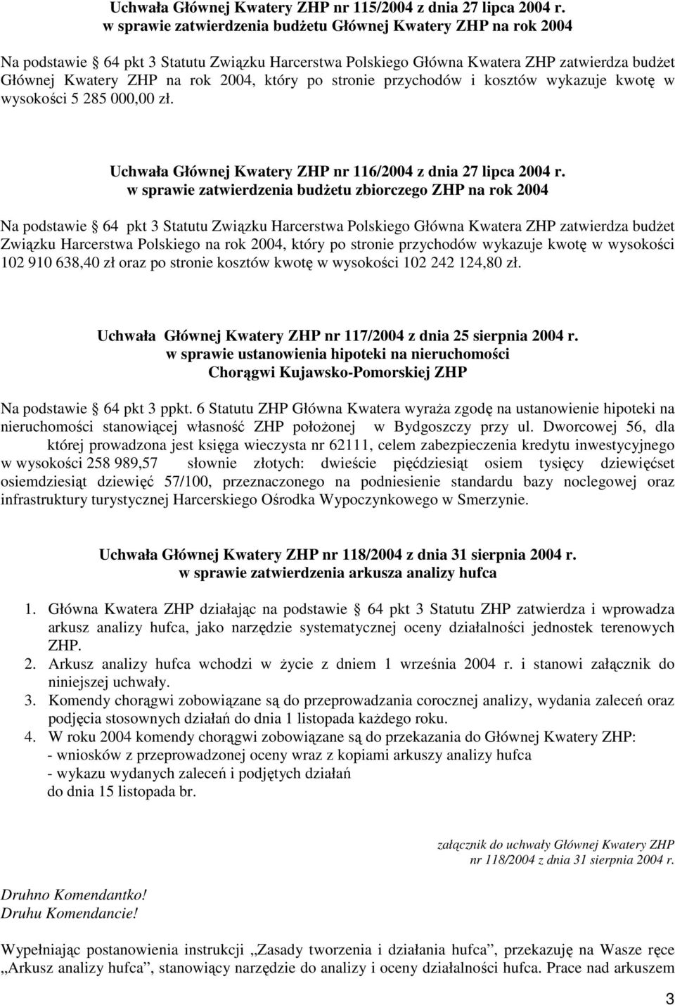 po stronie przychodów i kosztów wykazuje kwotę w wysokości 5 285 000,00 zł. Uchwała Głównej Kwatery ZHP nr 116/2004 z dnia 27 lipca 2004 r.
