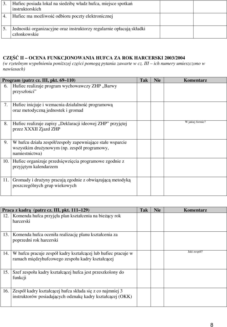 pytania zawarte w cz. III ich numery umieszczono w nawiasach) Program (patrz cz. III, pkt. 69 110) Tak Nie Komentarz 6. Hufiec realizuje program wychowawczy ZHP Barwy przyszłości 7.