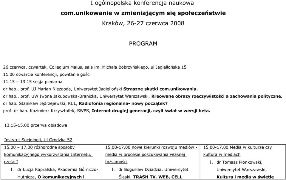 unikowania. dr hab., prof. UW Iwona Jakubowska-Branicka, Uniwersytet Warszawski, Kreowane obrazy rzeczywistości a zachowania polityczne. dr hab. Stanisław Jędrzejewski, KUL, Radiofonia regionalna- nowy początek?