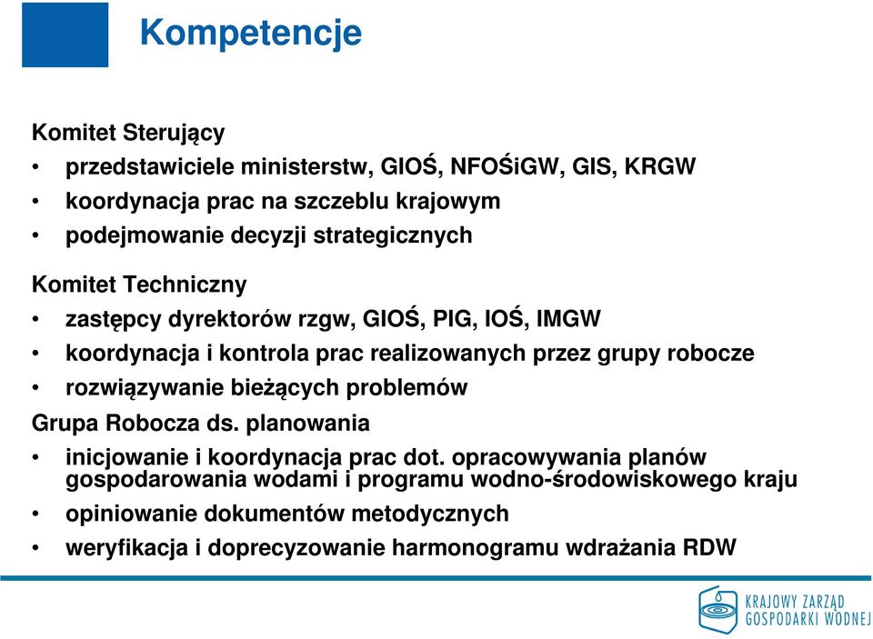 grupy robocze rozwiązywanie bieżących problemów Grupa Robocza ds. planowania inicjowanie i koordynacja prac dot.