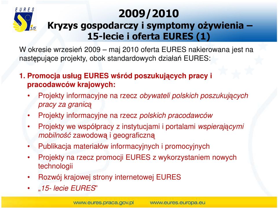 Promocja usług EURES wśród poszukujących pracy i pracodawców krajowych: Projekty informacyjne na rzecz obywateli polskich poszukujących pracy za granicą Projekty