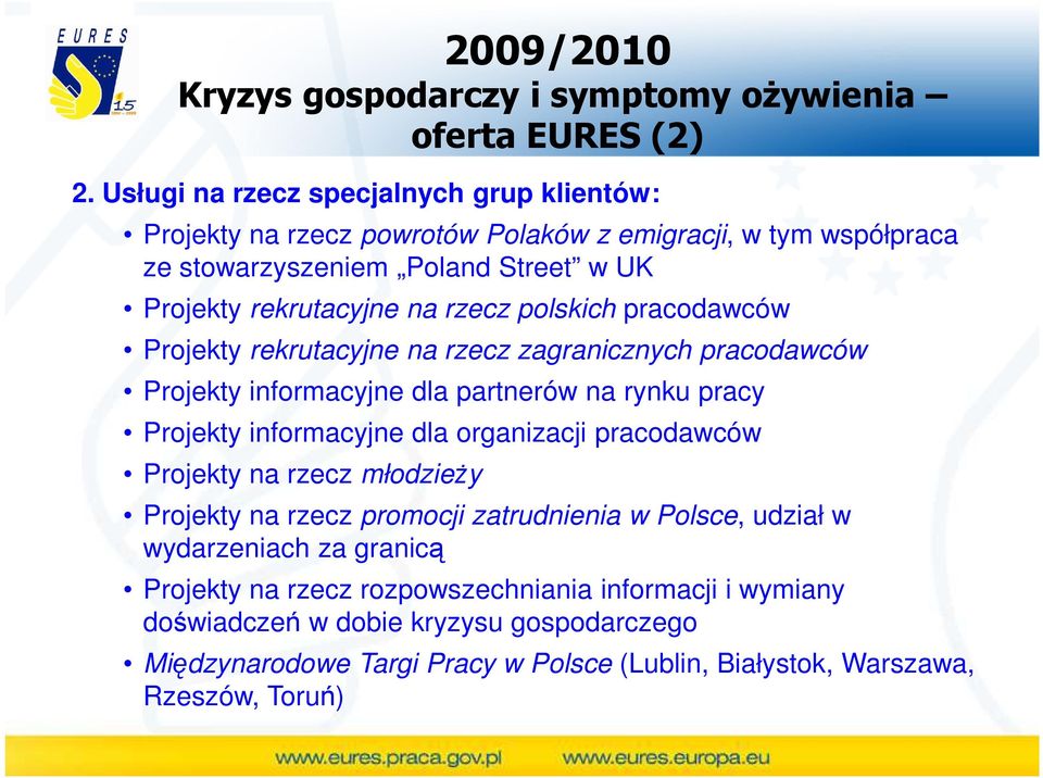 polskich pracodawców Projekty rekrutacyjne na rzecz zagranicznych pracodawców Projekty informacyjne dla partnerów na rynku pracy Projekty informacyjne dla organizacji pracodawców