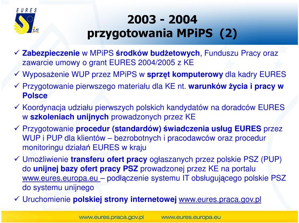 warunków Ŝycia i pracy w Polsce Koordynacja udziału pierwszych polskich kandydatów na doradców EURES w szkoleniach unijnych prowadzonych przez KE Przygotowanie procedur (standardów) świadczenia usług