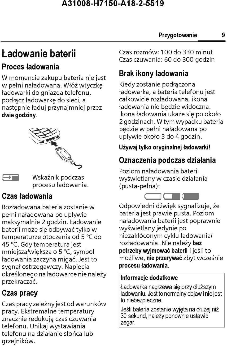 zas ładowania Rozładowana bateria zostanie w pełni naładowana po upływie maksymalnie 2 godzin. Ładowanie baterii może się odbywać tylko w temperaturze otoczenia od 5 do 45.