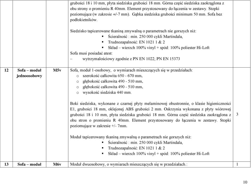 250 000 cykli Martindala, Trudnozapalność: EN 02 & 2 Skład wierzch 00% vinyl + spód: 00% poliester Hi-Loft Sofa musi posiadać atest: wytrzymalościowy zgodnie z PN EN 022; PN EN 5373 2 Sofa moduł