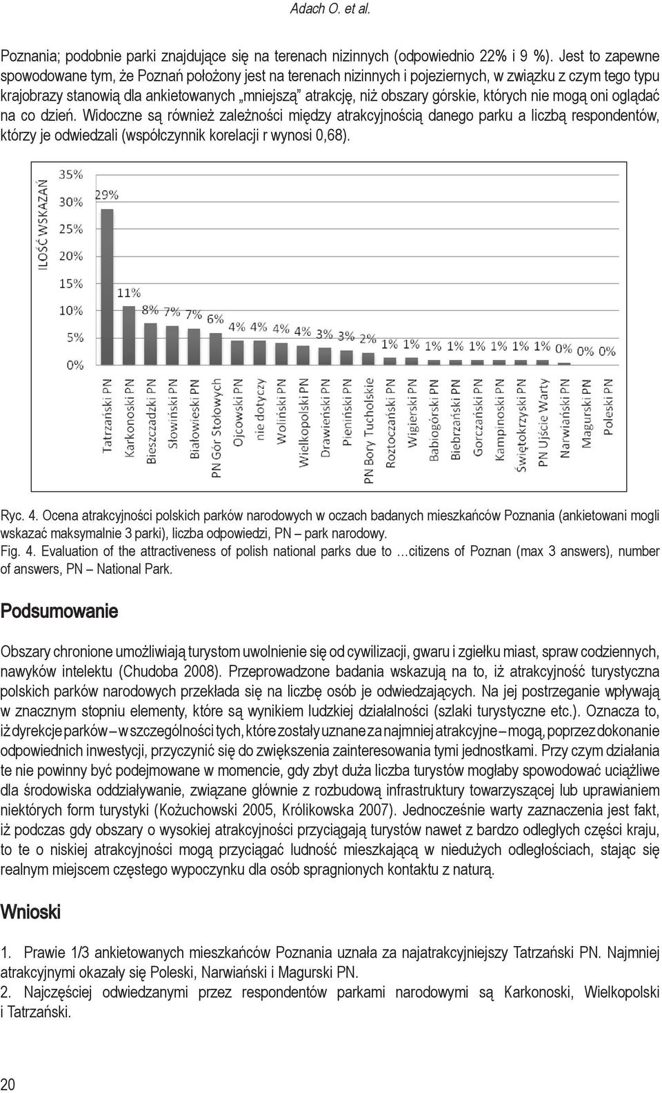 których nie mogą oni oglądać na co dzień. Widoczne są również zależności między atrakcyjnością danego parku a liczbą respondentów, którzy je odwiedzali (współczynnik korelacji r wynosi 0,68). Ryc. 4.